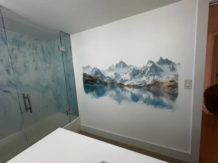 Salle de bain — paysage montagne & lac