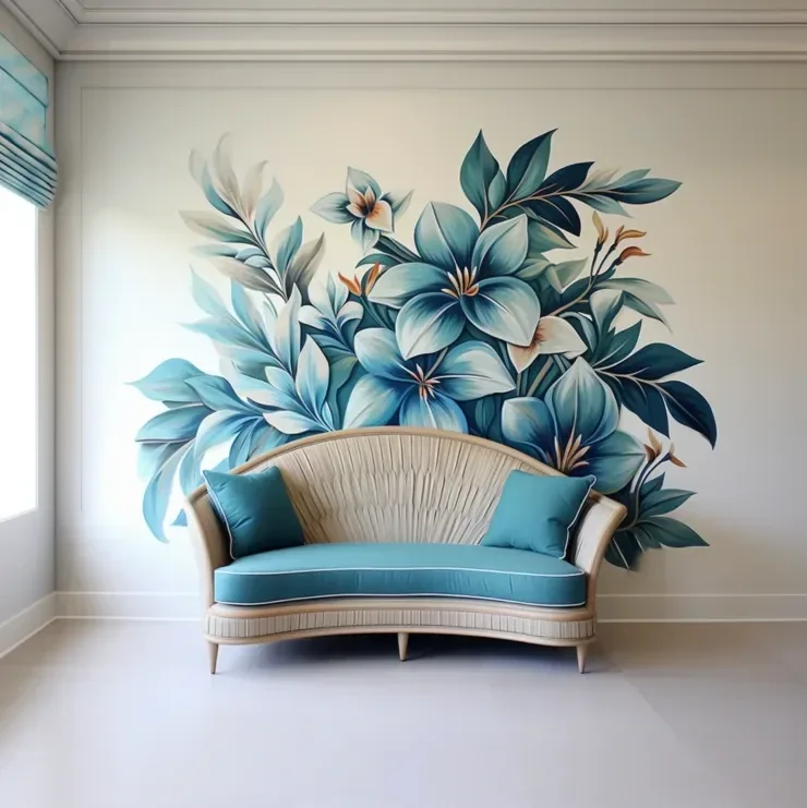 Salon — fresque florale bleu turquoise